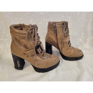 Atalina 7 Tan Faux Leather Buckle Chunky 4 in Heel Combat Boots Punk Grunge Flaw